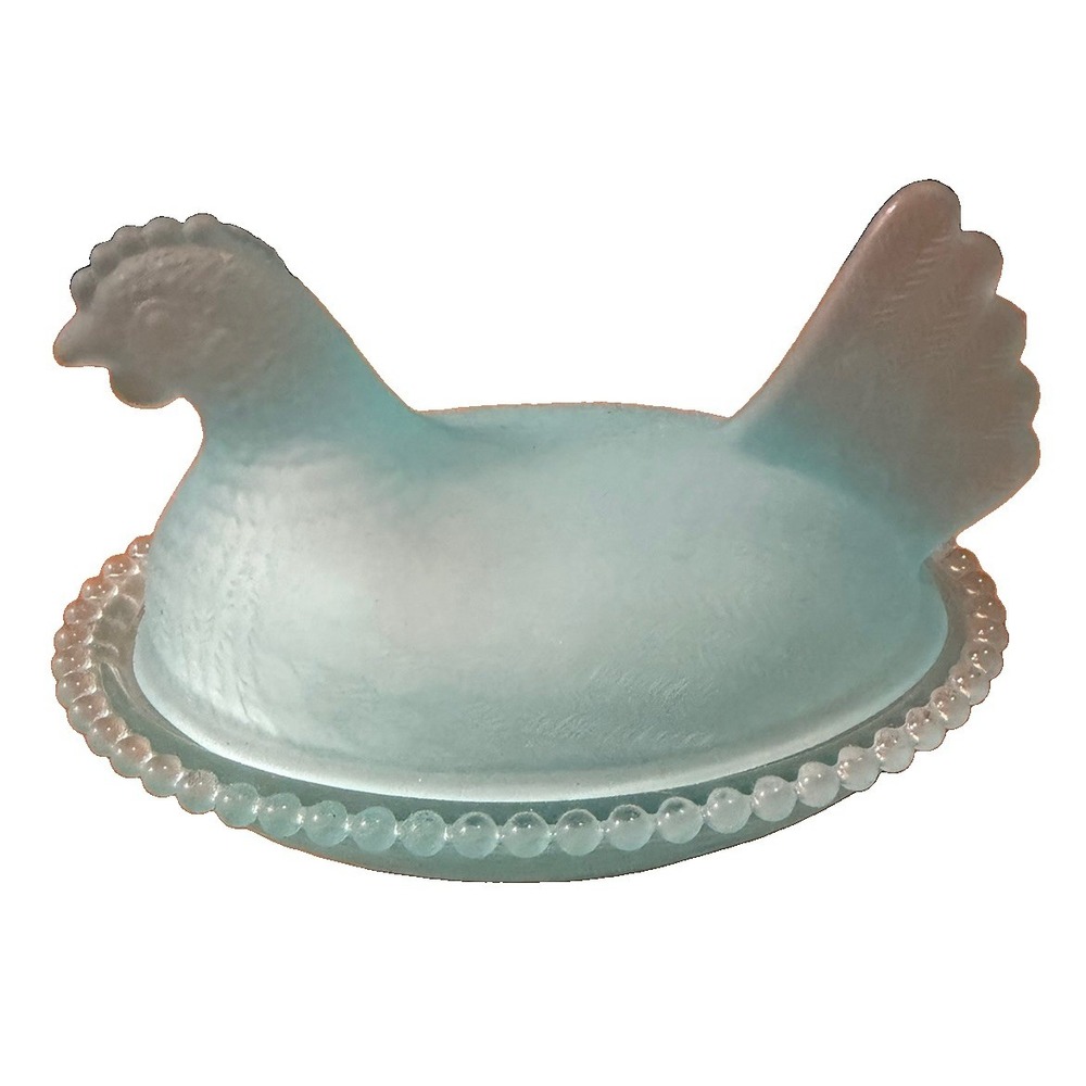 Blue Frosted Glass Hen on Nest Covered Dish Candy Trinket Jewelry Box Beaded Rim - Picture 5 of 7